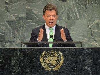 Santos durante una intervención en la ONU. (Stan HONDA / AFP)