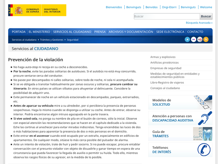 «Consejos» colgados en la web del Ministerio de Interior español.