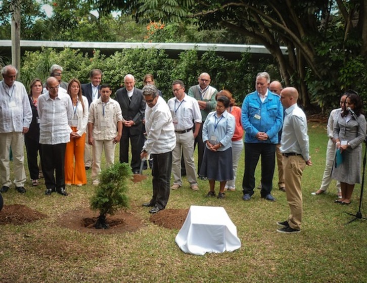 Los jefes de las delegaciones de paz del Gobierno y de las FARC-EP, Humberto de la Calle e Iván Márquez, plantando el árbol. (Adalberto ROQUE/AFP)