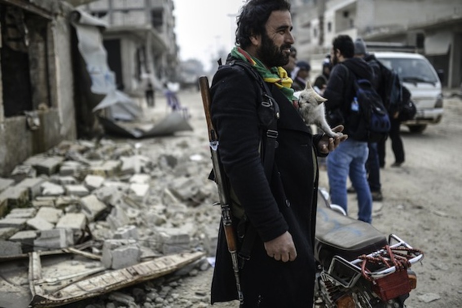 Un combatiente, con un gato entre sus manos. (Bulent KILIC/AFP PHOTO) Un combatiente, con un gato entre sus manos. (Bulent KILIC/AFP PHOTO)