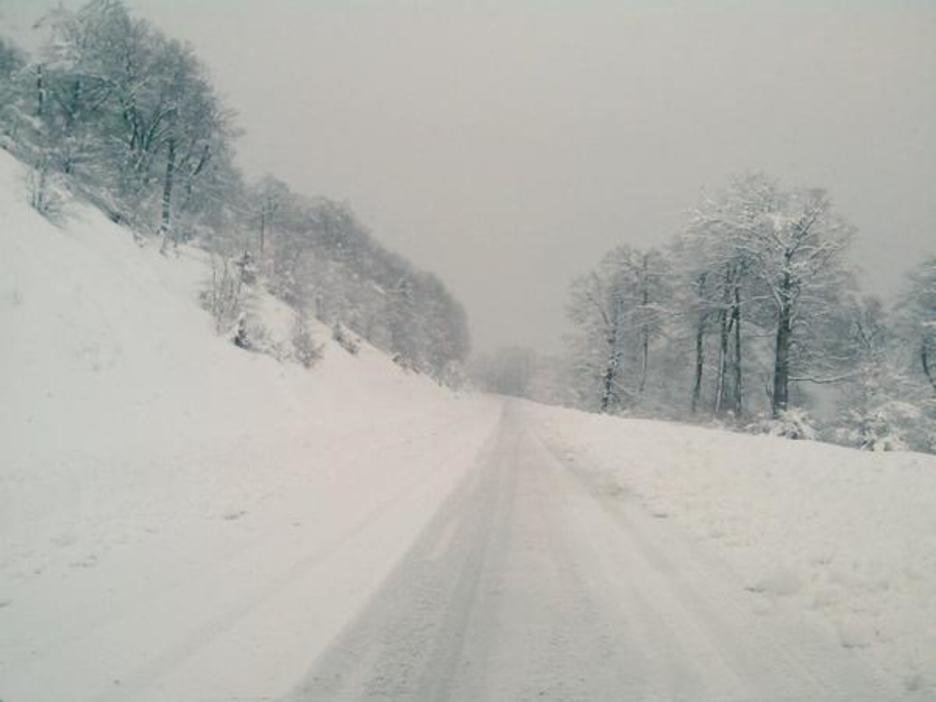 La route qui descend d'Ibañeta à Luzaide est enneigée. Le niveau de la neige est prévu à 300 mètres, ce 31 janvier. (Iurre BIDEGAIN)