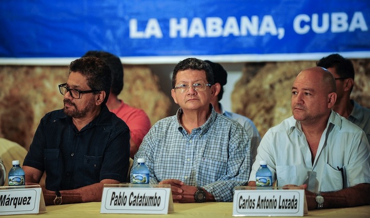 Iván Márquez, Pablo Catatumbo y Carlos Antonio Lozada, en una comparecencia el martes en La Habana. (Yamil LAGE/AFP)