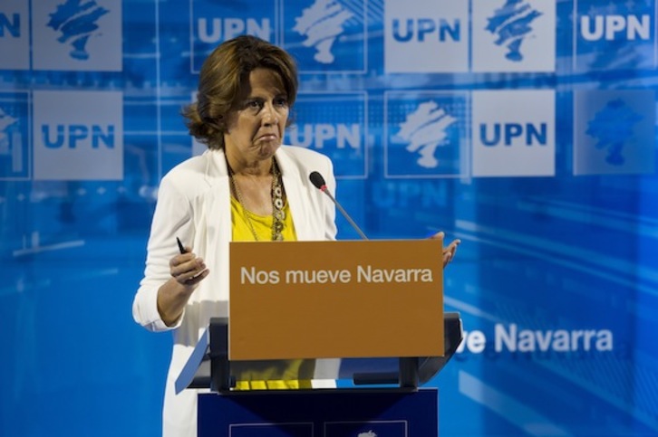 Yolanda Barcina, en su comparecencia del 27 de agosto para anunciar su dimisión como presidenta de UPN. (Iñigo URIZ/ARGAZKI PRESS)