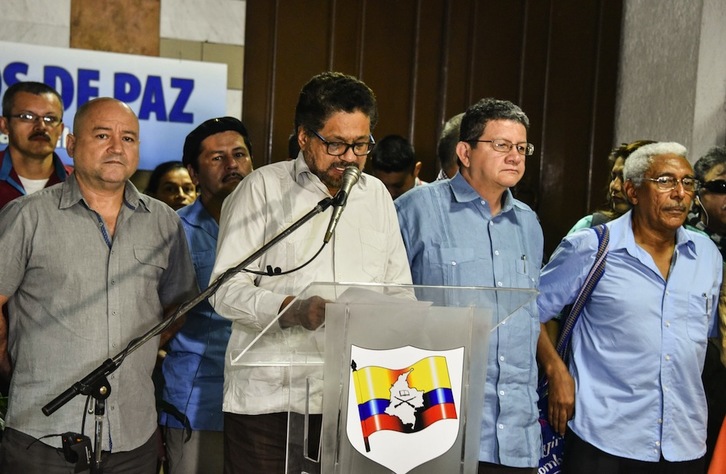 Representantes de las FARC, en una reciente comparecencia. (Adalberto ROQUE / AFP)
