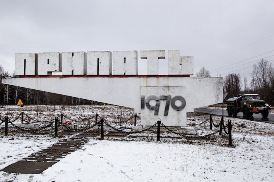 Cartel de bienvenida a la ciudad nuclear de Pripyat. (Juan TEIXEIRA)