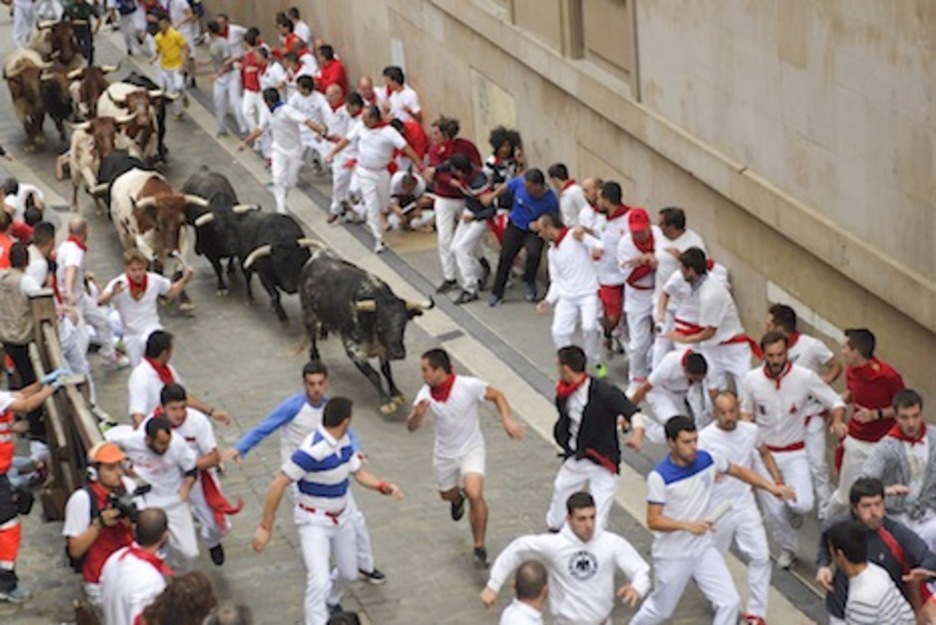 Tres toros abren la manada en el último tramo de Santo Domingo. (Idoia ZABALETA/ARGAZKI PRESS)