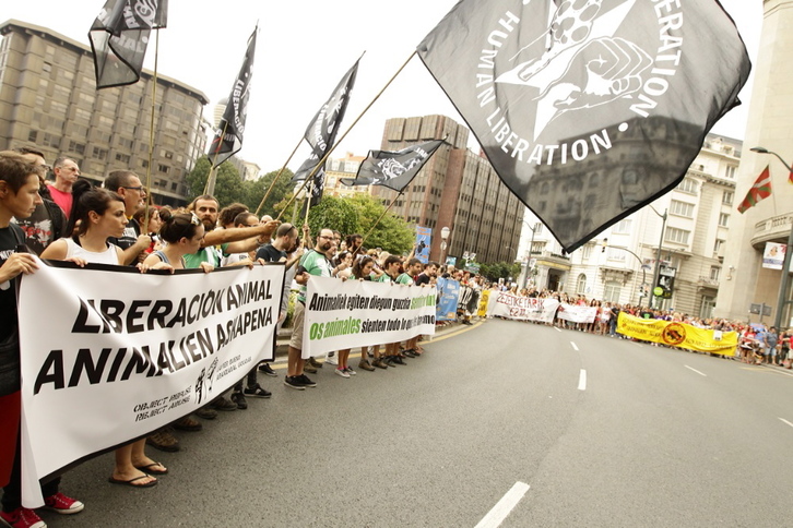 Pancartas diversas contra la tauromaquia durante la protesta de esta tarde. (ARGAZKI PRESS)