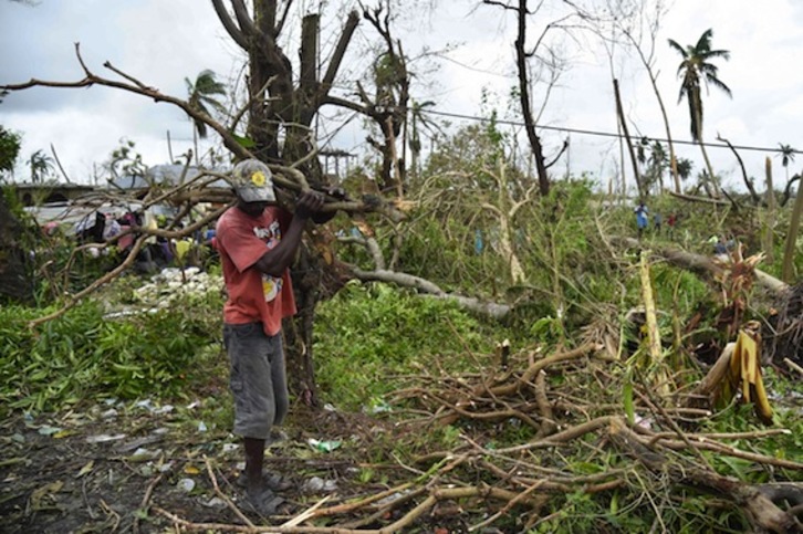 Un hombre retira unas ramas tiradas por el huracán Matthew, que ha dejado más de 100 muertos en Haití. (Héctor RETAMAL/AFP)