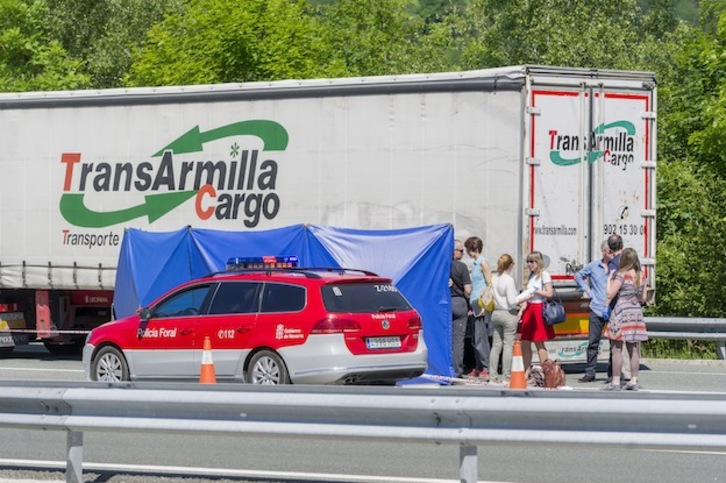 El camión de la víctima, aparcado en el arcén de la salida a Leitza. (Gorka RUBIO / ARGAZKI PRESS)