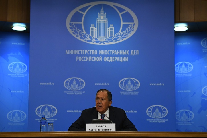 Serguei Lavrov, ministro de Exteriores ruso, en su primera conferencia anual. (Kirill KUDRYAVTSEV / AFP)
