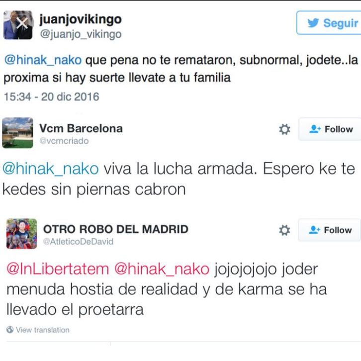 Captura de varios tuits recibidos por Iñaki Ellakuria. (Naiz)