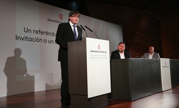El president, Carles Puigdemont, en la conferencia de ayer en Madrid. (J. DANAE/ARGAZKI PRESS)