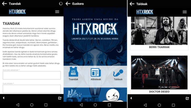 Hatortxu Rock 20rako aplikazioaren hiru irudi kaptura.