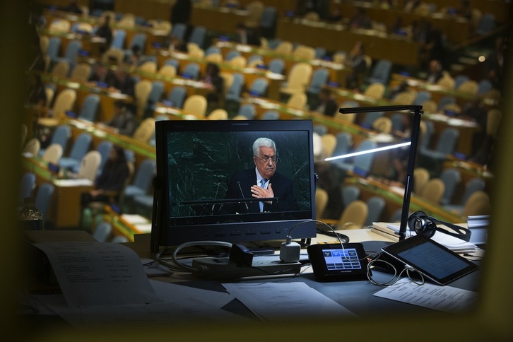 El presidente de la Autoridad Palestina, Mahmud Abbas, en su intervención en la pasada Asamblea General de la ONU. (Kevin HAGEN/AFP PHOTO)