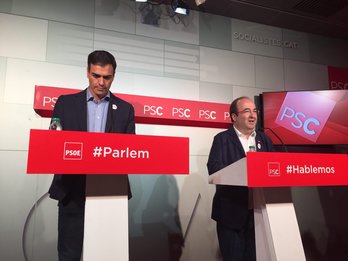 El secretario general del PSOE, Pedro Sánchez, junto al líder del PSC, Miquel Iceta. (@PSOE)