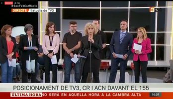 Trabajadores de TV3, Catalunya Ràdio y la Agencia Catalana de Noticias (ACN) han comparecido para denunciar la posible intervención. (@324cat)