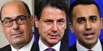 Combo de fotografías de Nicola Zingaretti, Giuseppe Conte y Luigi Di Maio. (Vincenzo PINTO-Alberto PIZZOLI / AFP)