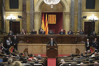El president Quim Torra durante su intervención ante el pleno del Parlament. (Lluis GENE/AFP)