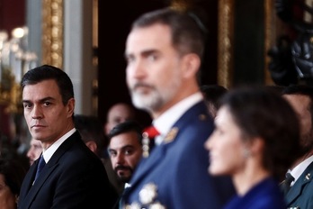 Sánchez y Borbón, en la fiesta de la Pascual Militar de este lunes. (Sebastián MARISCAL | AFP)