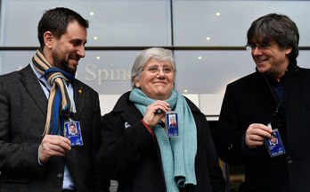 Ponsatí, en el Parlamento Europeo, junto a Comín y Puigdemont. (John THYS / AFP)