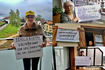 Los pensionistas han mostrado carteles solidarios en los balcones.