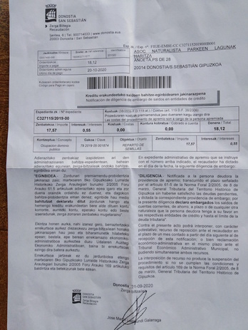 Notificación del Ayuntamiento de Donostia, amenazando con el embargo de cuentas.