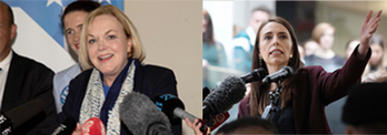 La progresista primera ministra, Jacinda Ardern, quien parte como favorita, y la dura líder conservadora Judith Collins. (Marty MELVILLE / AFP)