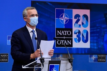 El secretario general de la OTAN, Jens Stoltenberg, en la rueda de prensa de este jueves. (John THYS | AFP)