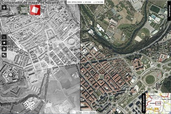 Imagen que ofrece la nueva aplicación sobre Iruñea, comparando una imagen de 1931 y otra de 2019. (GOBIERNO DE NAFARROA)