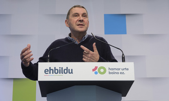 Arnaldo Otegi, coordinador general de EH Bildu, en una reciente comparecencia. (Jon URBE/FOKU)