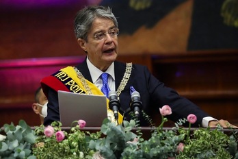 Guillermo Lasso, este lunes, durante su discurso de investidura como presidente de Ecuador. (AFP)