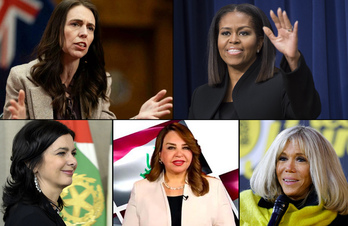Jacinda Ardern, Michelle Obama, Laura Boldrini, Intidhar Ahmed Jassim y Brigitte Macron, todas ellas víctimas de bulos con razón de género.