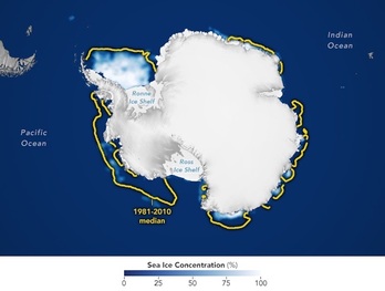 Extensión mínima de hielo marino en la Antártida al término del verano austral 2022-2023.