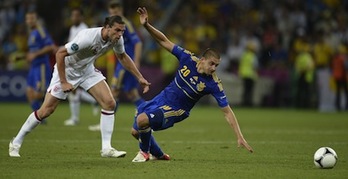 Frantzia eta Suediaren arteko partidaren irudi bat. (Filippo MONTEFORTE/AFP PHOTO)