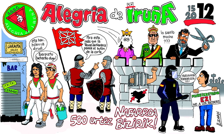 La pancarta de la peña Alegria de Iruña es una de las 16 que pondrán un toque de humor ácido a los sanfermines. (NAIZ.INFO)