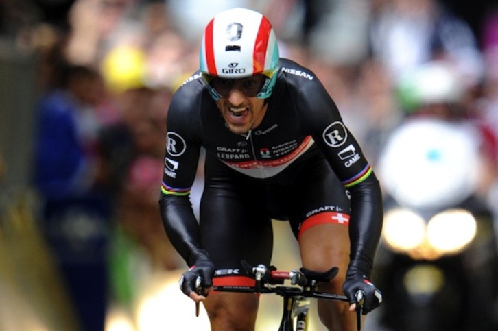 Fabian Cancellara, en un momento de la contrarreloj de Lieja. (Pascal PAVANI/AFP PHOTO)