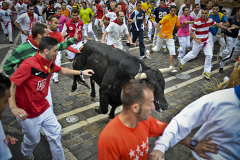 Un toro se ha quedado rezagado en el tramo final. (Lander F. ARROIABE / ARGAZKI PRESS)