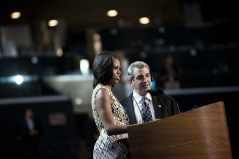 Michelle Obama, durante un ensayo previo al inicio de la convención. (Brendan SMIALOWSKI/AFP)