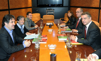 Miembros de las dos delegaciones de EH Bildu (izquierda) y PNV, ayer en Sabin Etxea. (Luis JAUREGIALTZO/ARGAZKI PRESS)