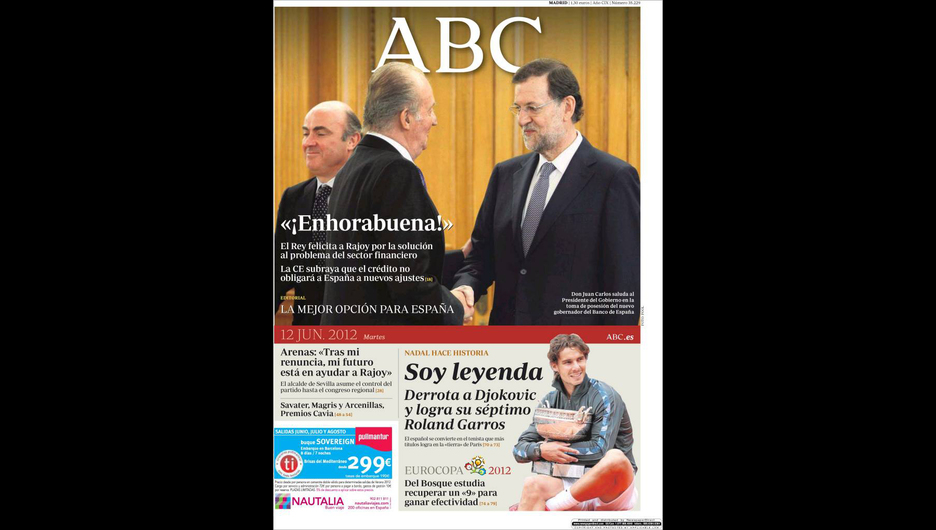 Portada del ‘ABC’ tras el rescate financiero a la banca española.