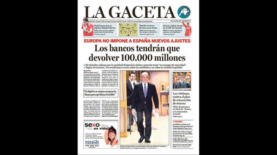 Portada de ‘La Gaceta’ sobre las negociaciones del rescate a la banca española.