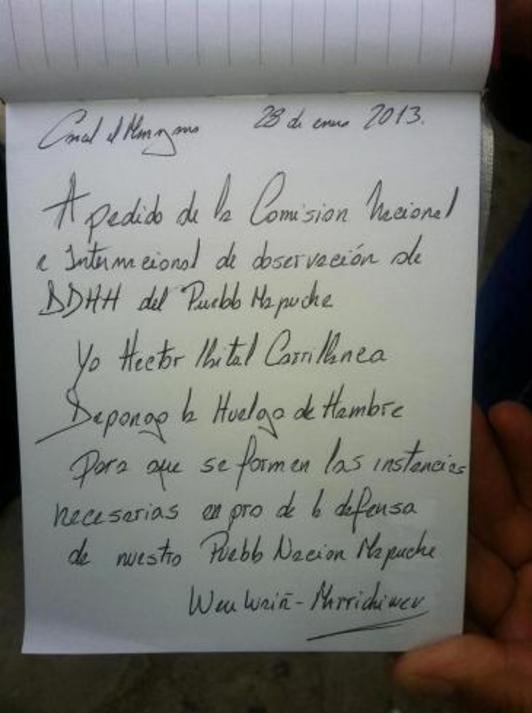 Carta en la que Héctor Llaitul anuncia el fin de su huelga de hambre. (NAIZ.INFO)