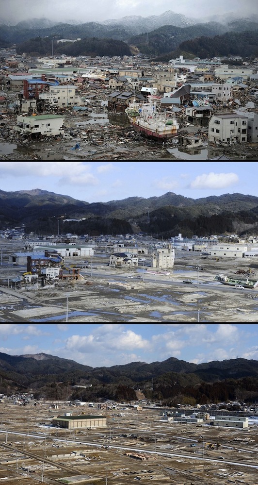 La ciudad de Kesennuma en marzo de 2001 y en febrero pasado. (Toshifumi KITAMURA/AFP) 