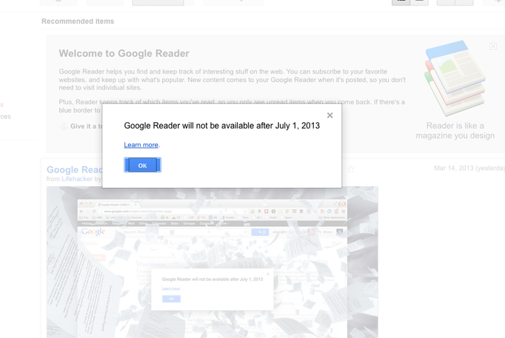 Mensaje de Google Reader en el que anuncia el cierre del servicio a partir del 1 de julio. (NAIZ.INFO)