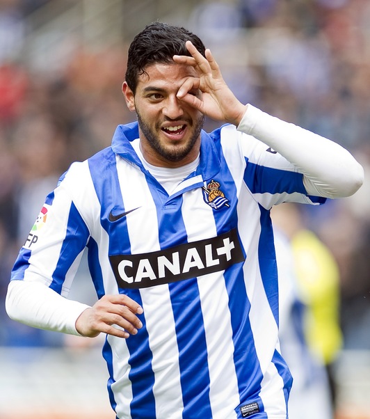 Vela celebra su gol. El suyo ha sido el gol 3.000 de la Real en Primera. (Juan Carlos RUIZ/ARGAZKI PRESS)