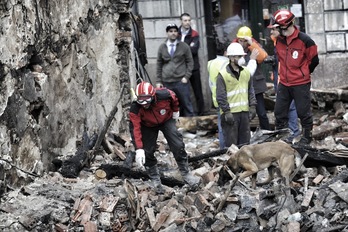 Perros de la Ertzaintza rastrean los escombros que ha dejado el incendio. (ARGAZKI PRESS)