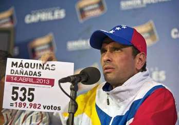 Capriles mostró cifras de supuestas irregularidades en una comparecencia en Caracas. (Ronaldo SCHEMIDT/AFP)