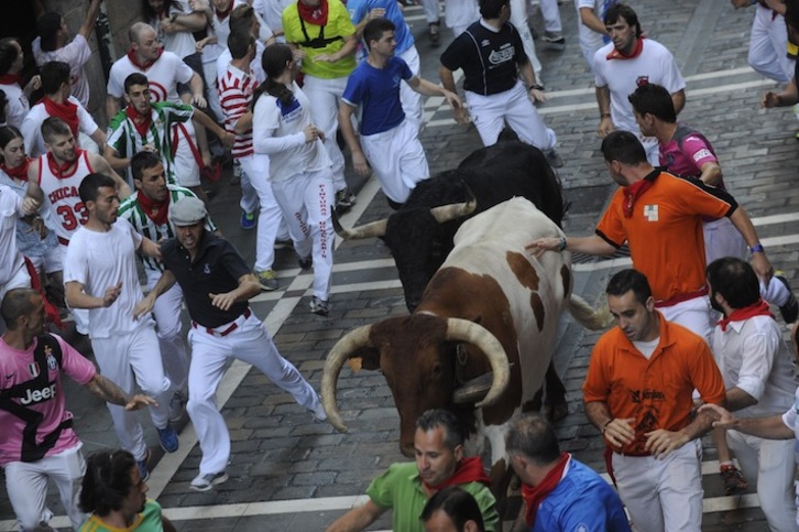 El toro que ha salido adelantado ha sido finalmente alcanzado por un cabestro. (ARGAZKI PRESS)