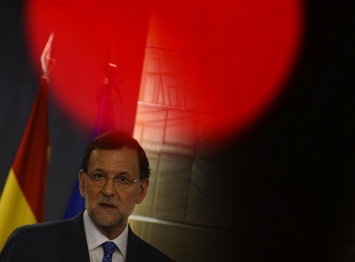 Rajoy, durante la comparecencia que ha ofrecido esta tarde en Madrid. (Pierre-Philippe MARCOU/AFP)