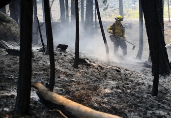 Un bombero trabaja en una parte ya quemada. (Justin SULLIVAN / AFP PHOTO)